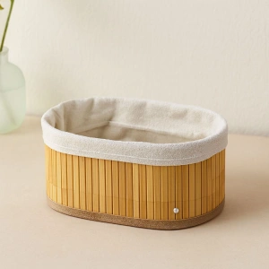 Hubrendy Tedarik 3 Boy Oval Organizer Sepet - Bambu Kenarlı, Ahşap Tabanlı, Bezli