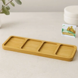 Hubrendy Tedarik 4 Bölmeli Dikdörtgen Bambu Servis Tepsisi 32.8x10x1.4 cm