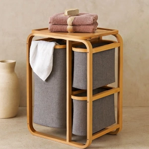 Hubrendy Tedarik Ahşap Bambu 3 Bölmeli Çamaşır Sepeti 50x30x70 cm