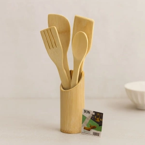 Hubrendy Tedarik Ahşap Bambu Mutfak Servis Seti 5 Parça (Kaşık, Çatal, 2 Spatula, Stand) 27.5/30 cm