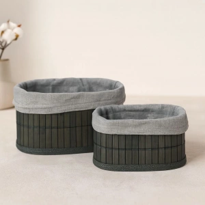 Hubrendy Tedarik Bambu Kenarlı Oval Organizer Sepet (Ahşap Tabanlı, Bezli) 21x14-25x16 cm