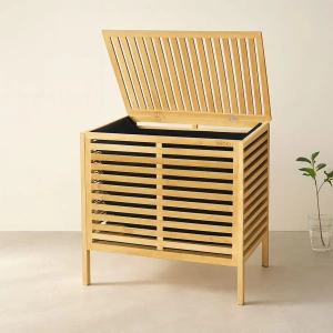 Hubrendy Tedarik Kalın Bambu Çamaşır Sepeti 50x38x55 cm (Kumaş Torbalı)