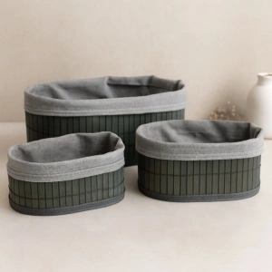 Hubrendy Tedarik Oval Bambu Kenarlı 3lü Organizer Sepet Seti - Gri