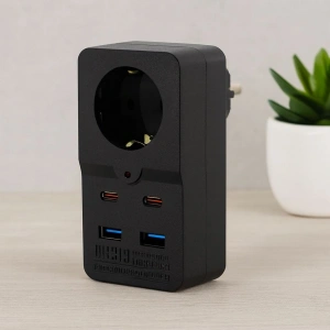 Hubrendy Tedarik Termal Akım Korumalı Duvar Prizi - 1 Priz, 2xUSB, 2xType-C (10A/2500W) Siyah