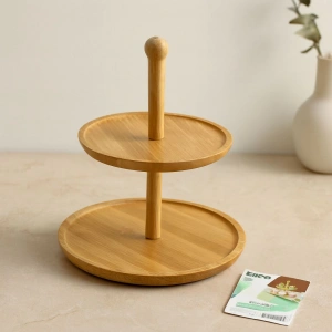 Hubrendy Tedarik Yuvarlak 2 Katlı Ahşap Bambu Servis Sunumluğu 20/25 cm