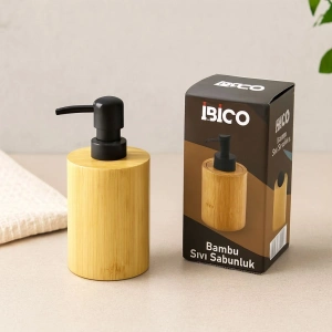 Hubrendy Tedarik Yuvarlak Bambu Sıvı Sabunluk (Ø7.8 × Y10.8 cm) - Siyah Pompa