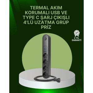 Hubrendy Tekno 4 Priz 2 USB 1 Type-C Akım Korumalı Çoklu Priz Led Anahtarlı