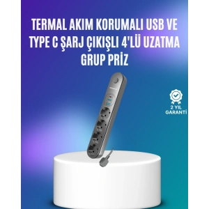 Hubrendy Tekno 4’lü Çoklu Priz 2 USB Type-C Girişli Akım Korumalı Siyah