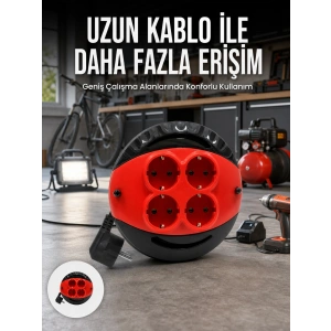 Hubrendy Tekno 5 Metre Kablolu 4’lü Kırmızı Priz Makara