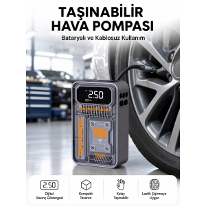 Hubrendy Tekno 6000mAh Bataryalı LED Ekranlı Akıllı Hava Kompresörü