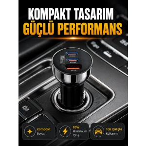 Hubrendy Tekno 60W Araç İçi Hızlı Şarj Adaptörü Çift USB-C PD ve USB-A QC3.0