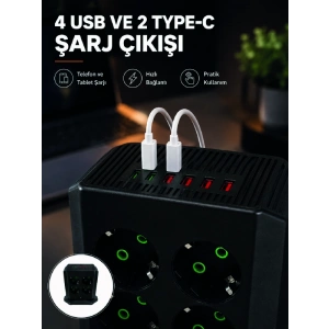 Hubrendy Tekno 8li Dikey Çoklu Priz 4 USB 2 Type-C Akım Korumalı Anahtarlı Priz