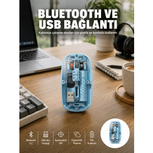 Hubrendy Tekno Bluetooth 5.2 Destekli Mavi Pilli Kablosuz Mouse Yeni Nesil