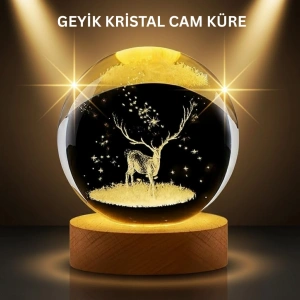 Hubrendy Tekno LED Işıklı Geyikli Kristal Küre Ahşap Standlı Modern Dekor Lamba