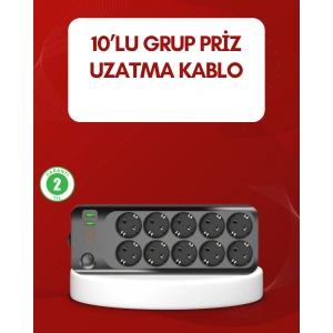 Hubrendy Tekno USB Type-C Destekli 10’lu Grup Priz Termal Korumalı 2m Kablo 2500W