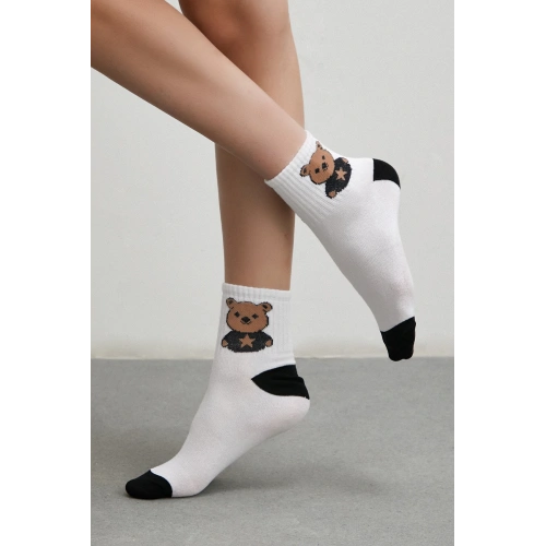 4 Lü Rocker Bear Kolej Çorap Seti Beyaz