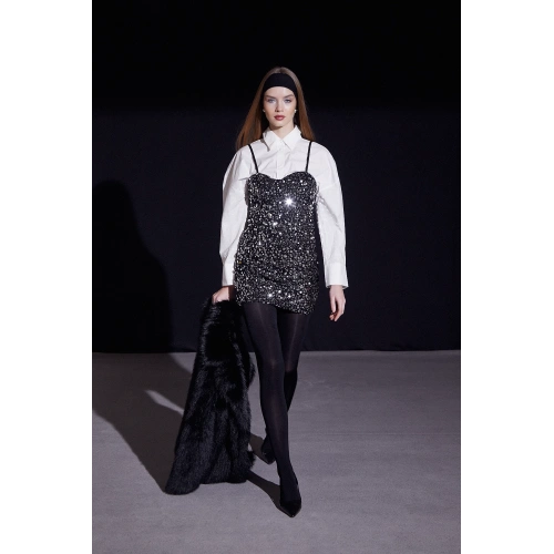 Askılı Pul Elbise Gümüş