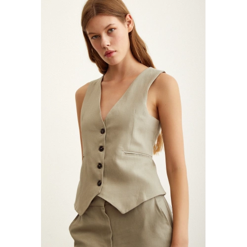 Astarlı Keten Yelek Gri