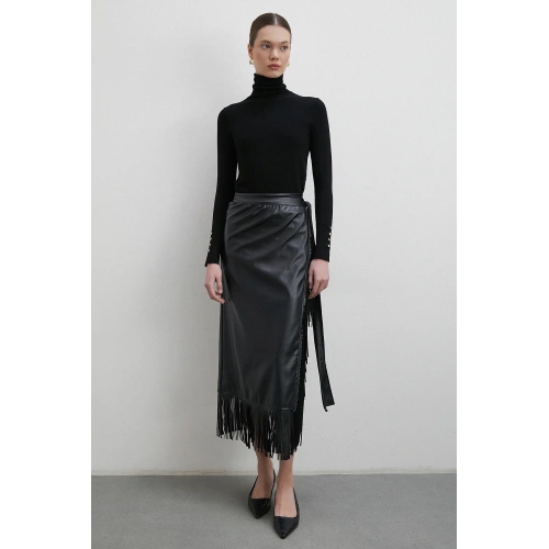Bağlamalı Püsküllü Deri Etek Siyah