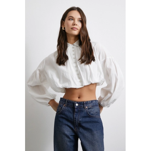 Balon Kol Crop Gömlek Beyaz