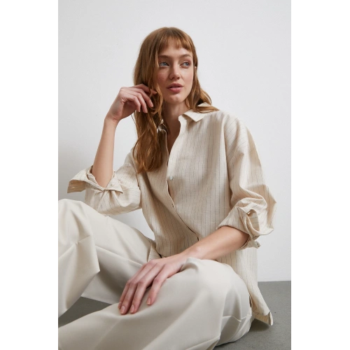 Basic Kontrast Çizgili Gömlek Bej