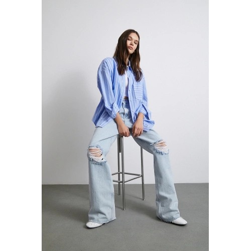 Basic Organik Pamuk Çizgili Gömlek Mavi