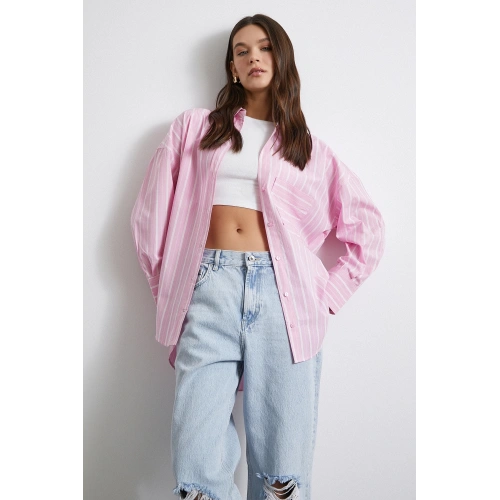 Basic Oxford Çizgili Gömlek Pembe