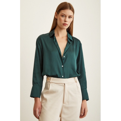 Basic Saten Gömlek Koyu Yeşil
