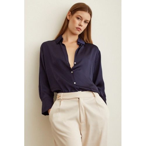 Basic Saten Gömlek Lacivert