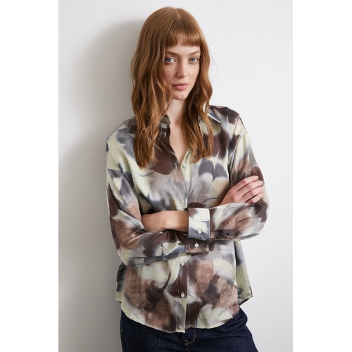 Batik Desen Saten Gömlek Kahve