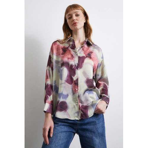 Batik Desen Saten Gömlek Lila