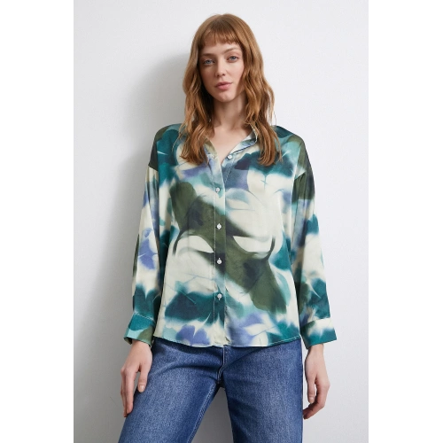 Batik Desen Saten Gömlek Petrol