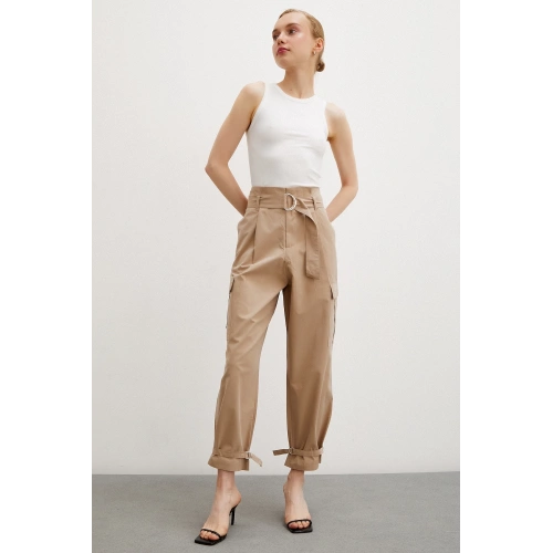 Bel Pileli Kargo Cep Pantolon Bej