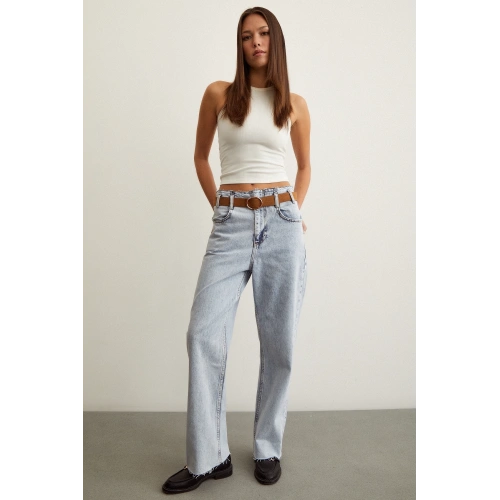 Beli Dikişsiz Kemerli Pantolon Mavi