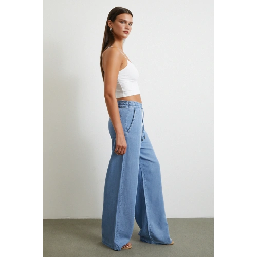 Beli Lastikli Bağcıklı Geniş Paça Pantolon Mavi