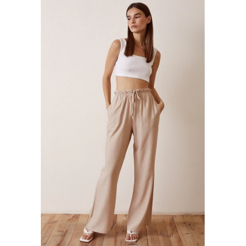 Beli Lastikli Biyeli Yüksek Bel Pantolon Bej