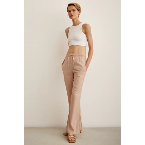 Beli Lastikli Biyeli Yüksek Bel Pantolon Pudra