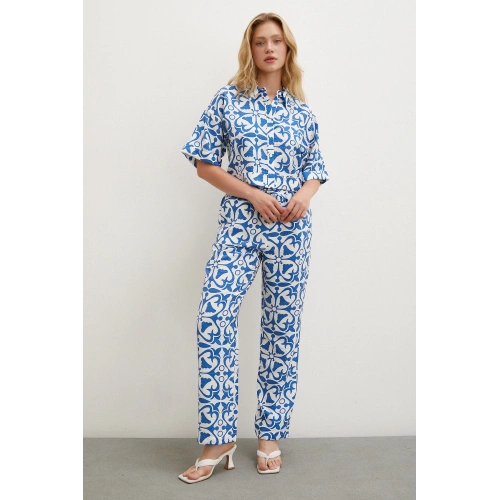 Beli Lastikli Boru Paça Pantolon Mavi