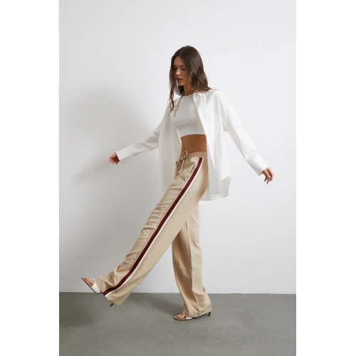 Beli Lastikli Çift Şeritli Pantolon Bej