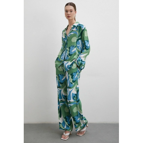 Beli Lastikli Desenli Pantolon Yeşil