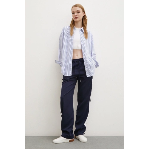 Beli Lastikli İki Şeritli Pantolon Lacivert