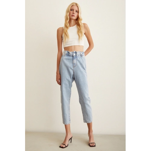 Beli Lastikli Mom Jean Buz Mavisi
