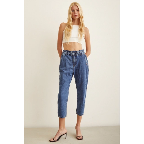 Beli Lastikli Mom Jean Mavi