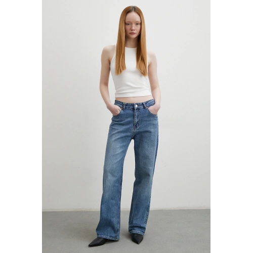 Beş Cepli Yüksek Bel Boru Paça Jean Mavi