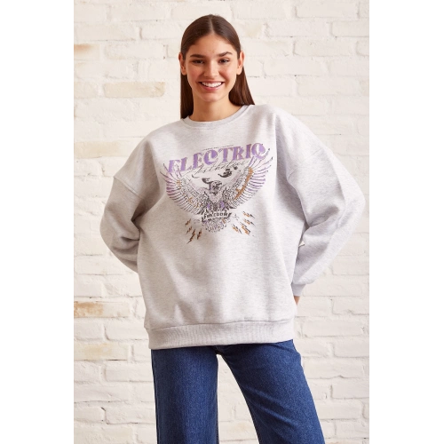 Bisiklet Yaka Baskılı Sweatshirt Kar Melanj