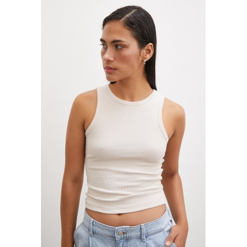 Bisiklet Yaka Top Bej