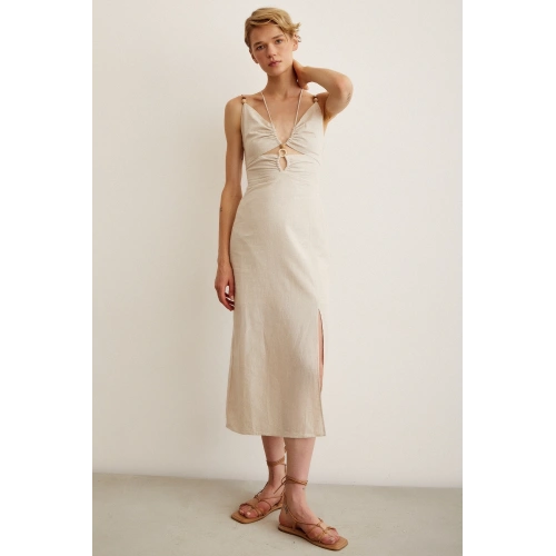 Boncuk Detaylı Askılı Elbise Krem