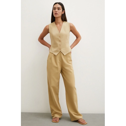 Boru Paça Yüksek Bel Keten Pantolon Camel