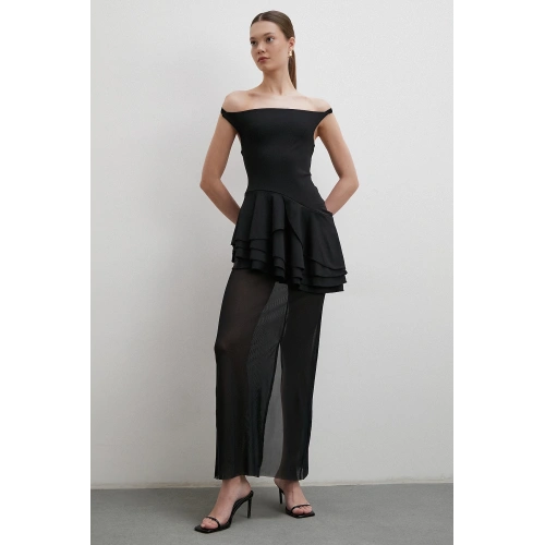 Boyun Askılı Fırfırlı Tül Elbise Siyah