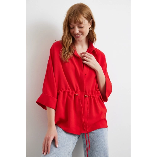 Büzgülü Kimono Gömlek Kırmızı
